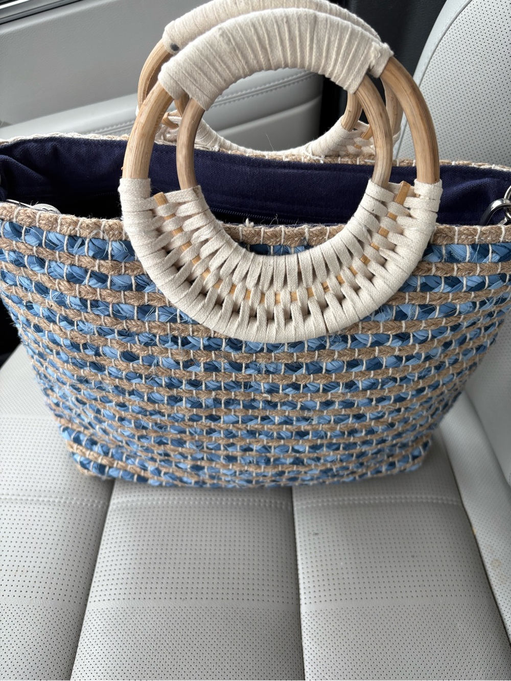 America & Beyomd Woven Blue and Cream Round-Handle Tote with new crossbody strap